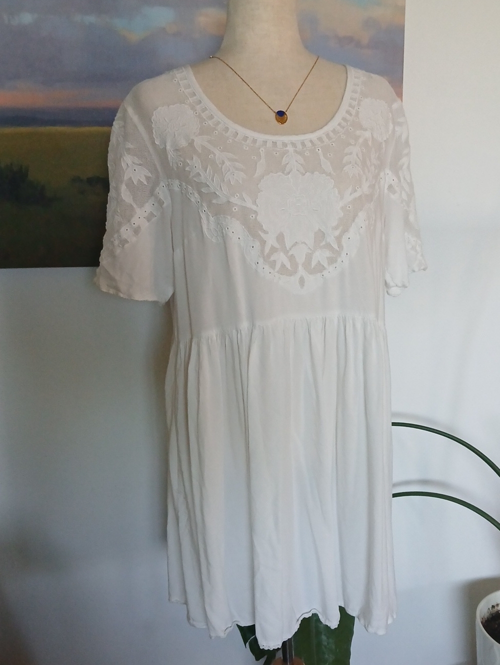 French Connection White Lace Boho Babydoll Mini Dress Sz L